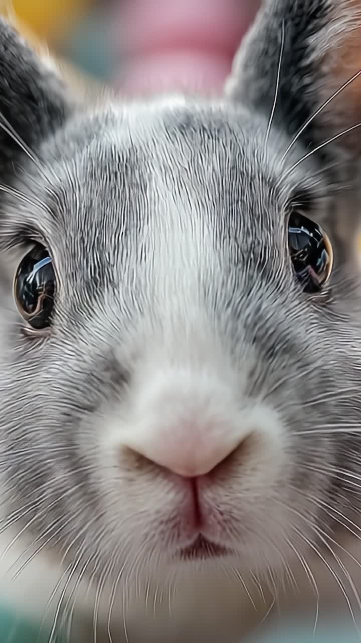 Primo piano di un adorabile coniglio grigio e bianco, che mostra il suo viso espressivo e i dettagli intricati della pelliccia in un ambiente colorato.
