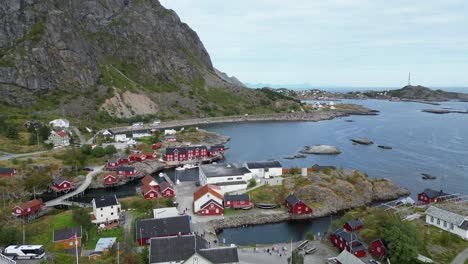 village å in lofoten islands, norway, scandinavia - aerial 4k