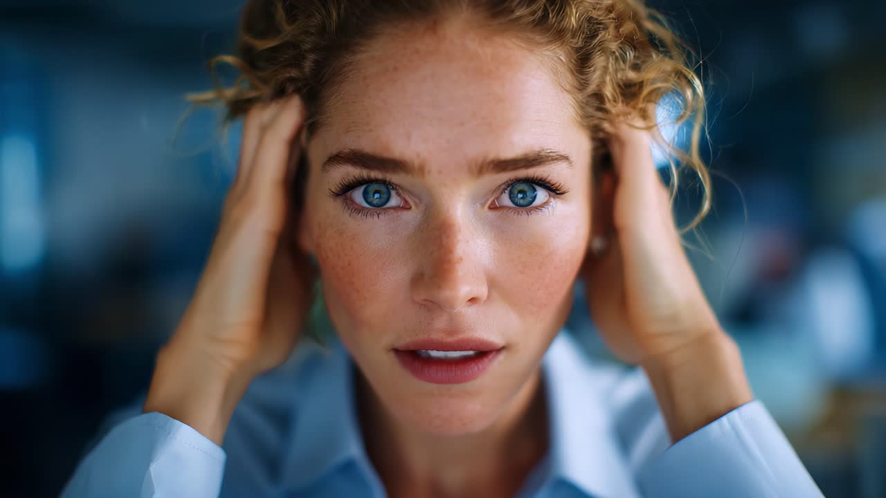Una donna stressata e ansiosa, con le mani sulla testa, che riflette un momento di sopraffazione e profonda preoccupazione in un ambiente d'ufficio sfocato