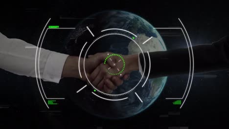 Scope-scanning-over-mid-section-of-businessman-and-businesswoman-shaking-hands-against-globe