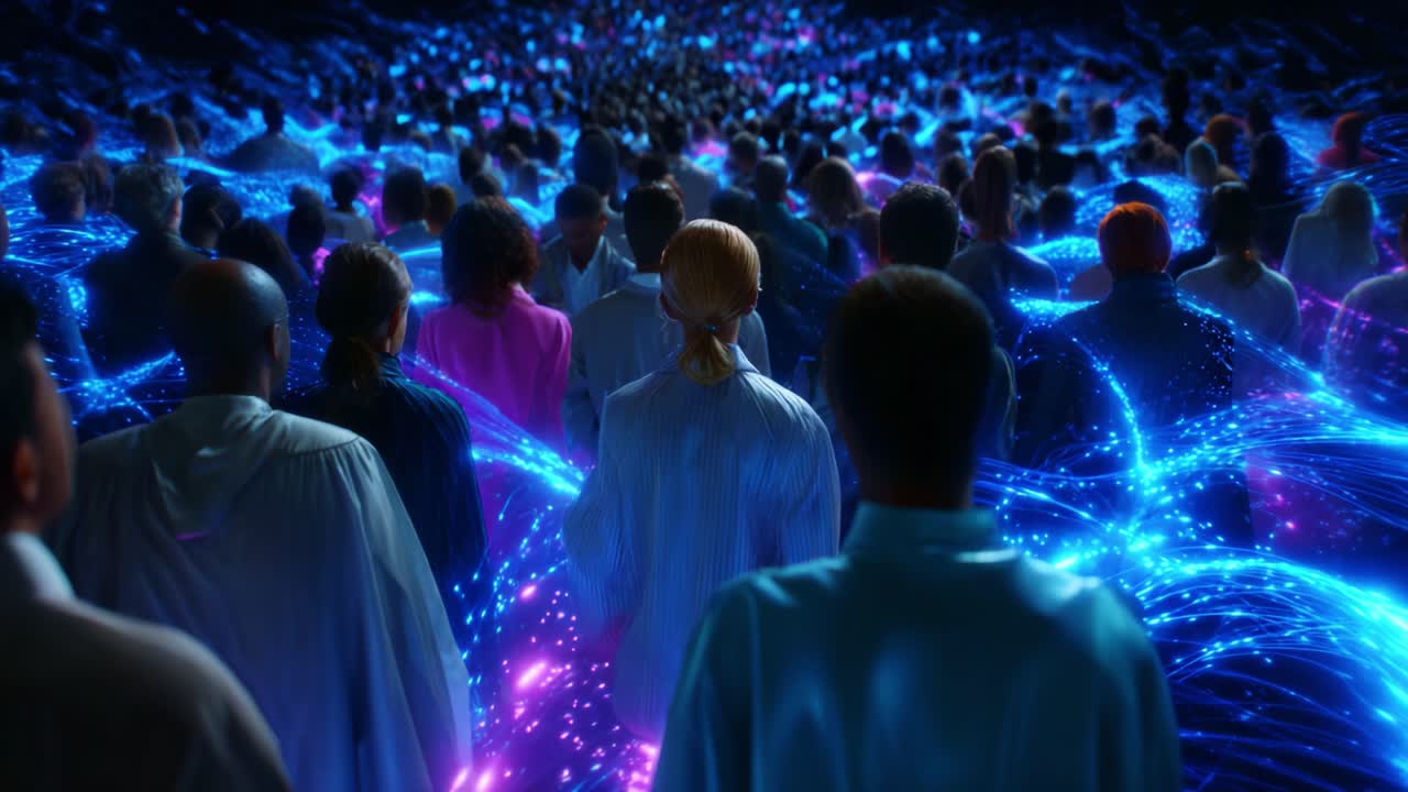 A mesmerizing assembly of diverse individuals moving through futuristic, glowing pathways of vibrant blue and purple light, symbolizing unity and the pursuit of knowledge in an interconnected digital universe
