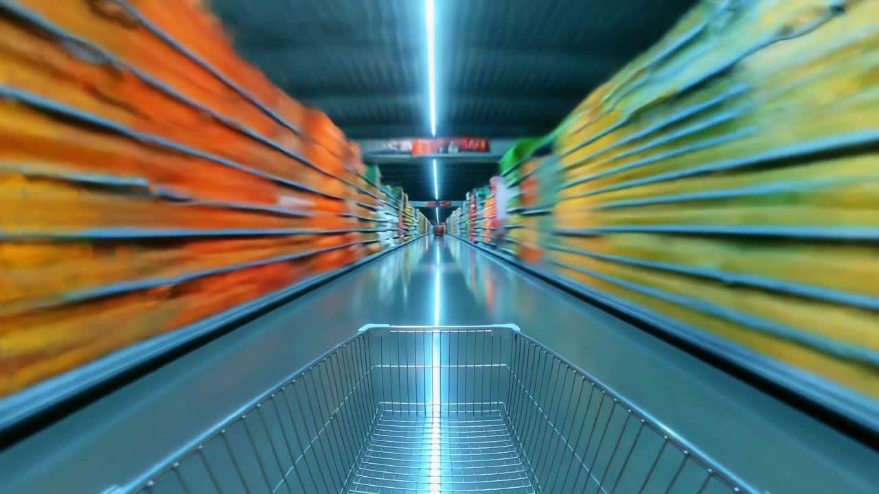 A Vibrant Aisle of Colorful Products Captured from a Unique Perspective, Highlighting the Dynamic Visual Experience of Shopping in a Modern Supermarket Environment