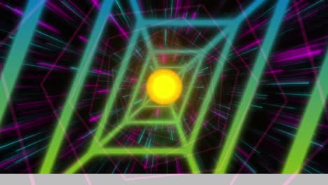 Animation-of-glowing-neon-geometrical-shapes-over-dark-background
