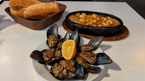 stuffed mussels sizzling hot meat plate traditional latino mexican meal