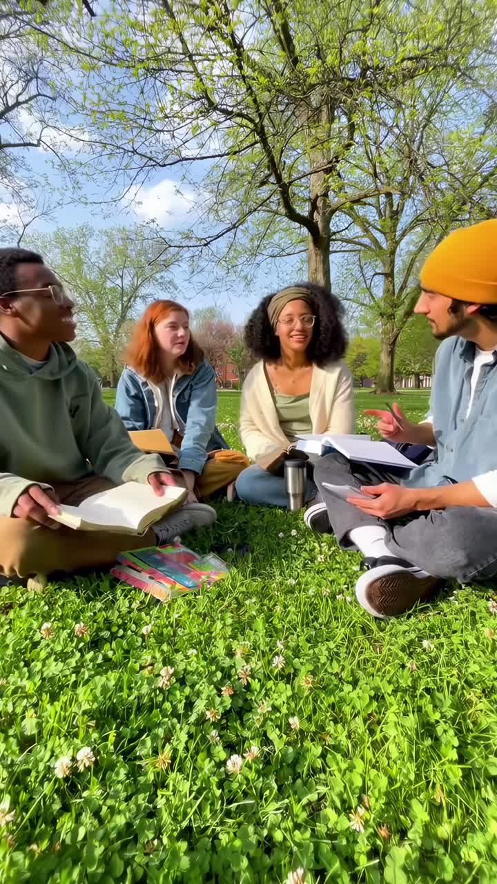 A video captures friends sitting on grass, chatting in a park Low-angle shot, vibrant and lively