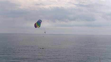 a bird's eye view of people parasailing high above a calm ocean on a cloudy day