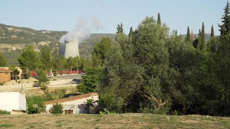 Cofrantes-nuclear-power-plant-emitting-water-vapor-while-operating-very-close-to-the-village-and-the-nature