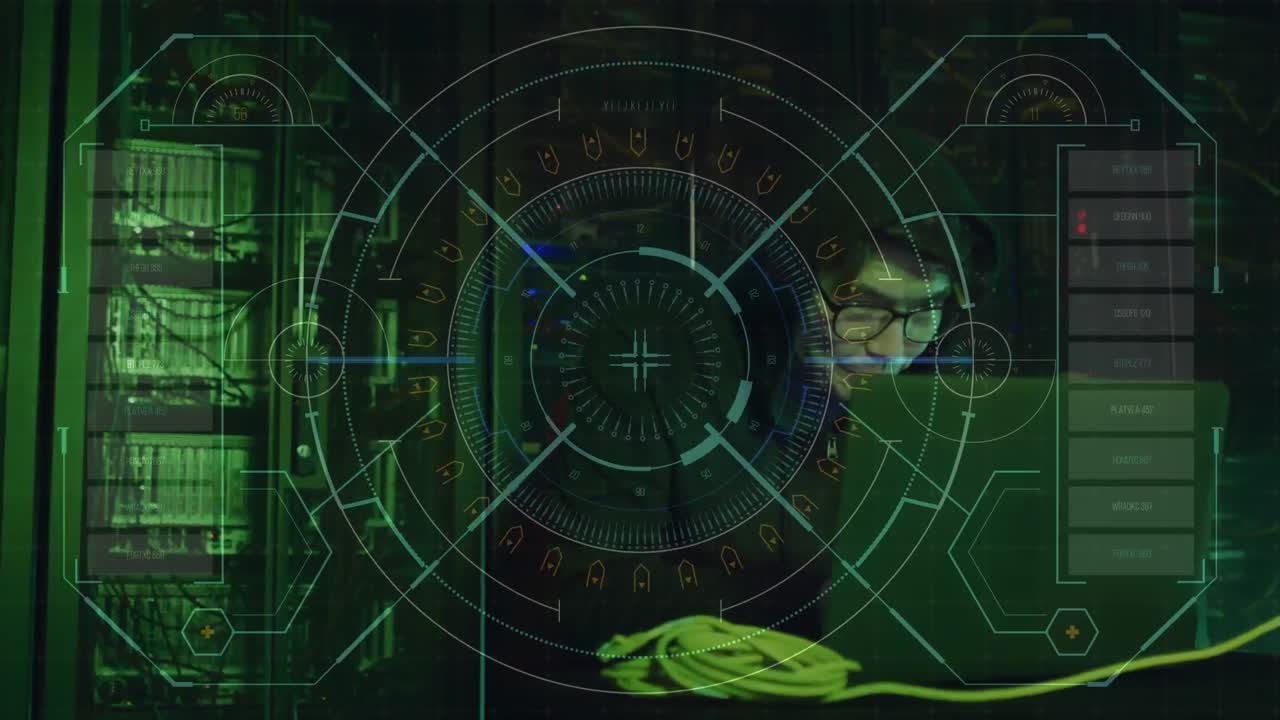 animación de escaneo de alcance con procesamiento de datos sobre hacker masculino asiático usando portátil.