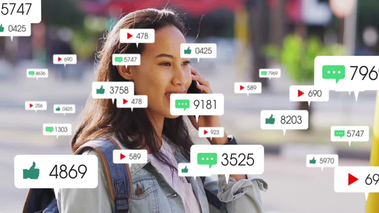 Talking on phone, woman with animation of social media notifications around her