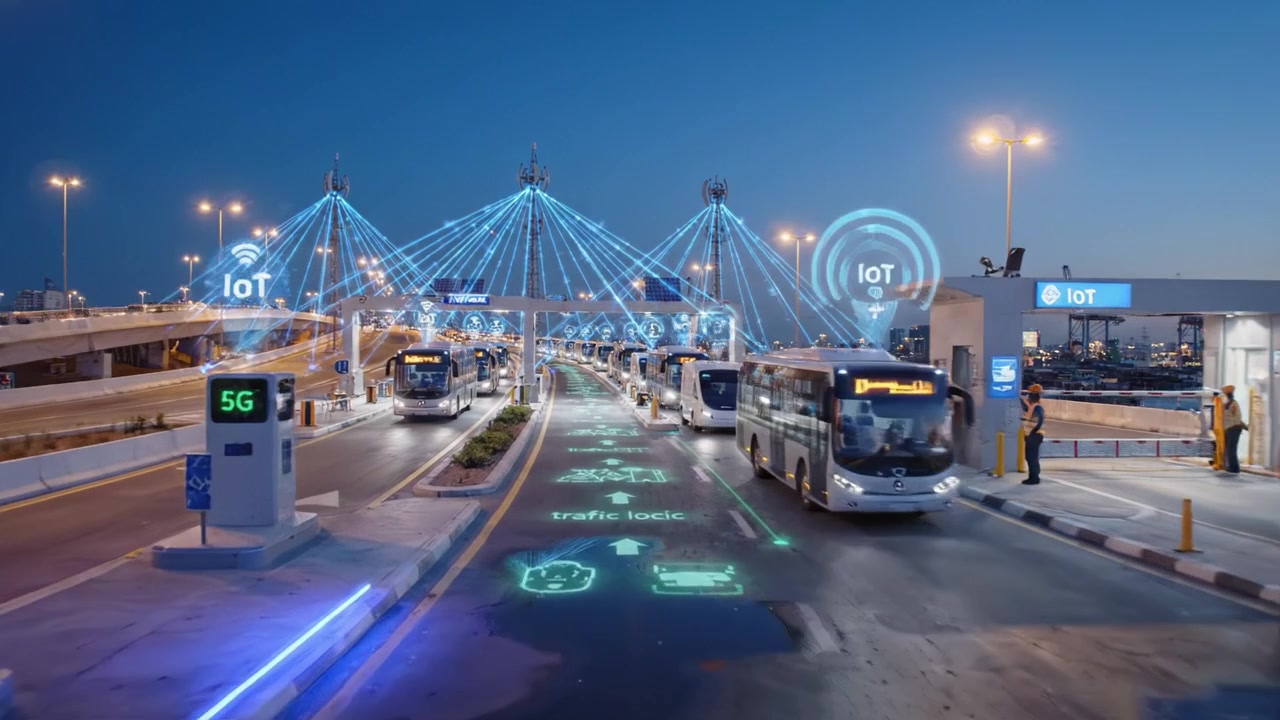 Polo di trasporto urbano avanzato al tramonto con autobus autonomi e soluzioni innovative di gestione del traffico per migliorare l'efficienza e la sicurezza sulle strade cittadine.