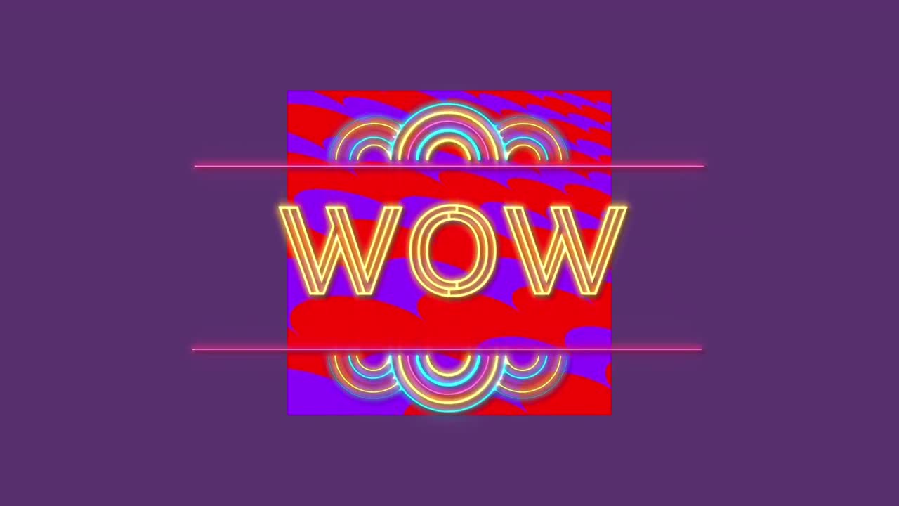 보라색 배경 에  ⁇ 은 배너 위 에 있는 네온 와우 텍스트 의 디지털 애니메이션