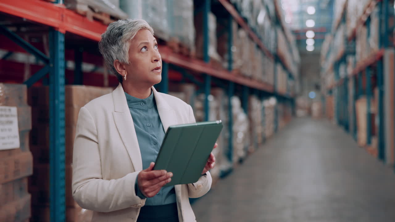 Businesswoman Inspecting Inventory in Warehouse