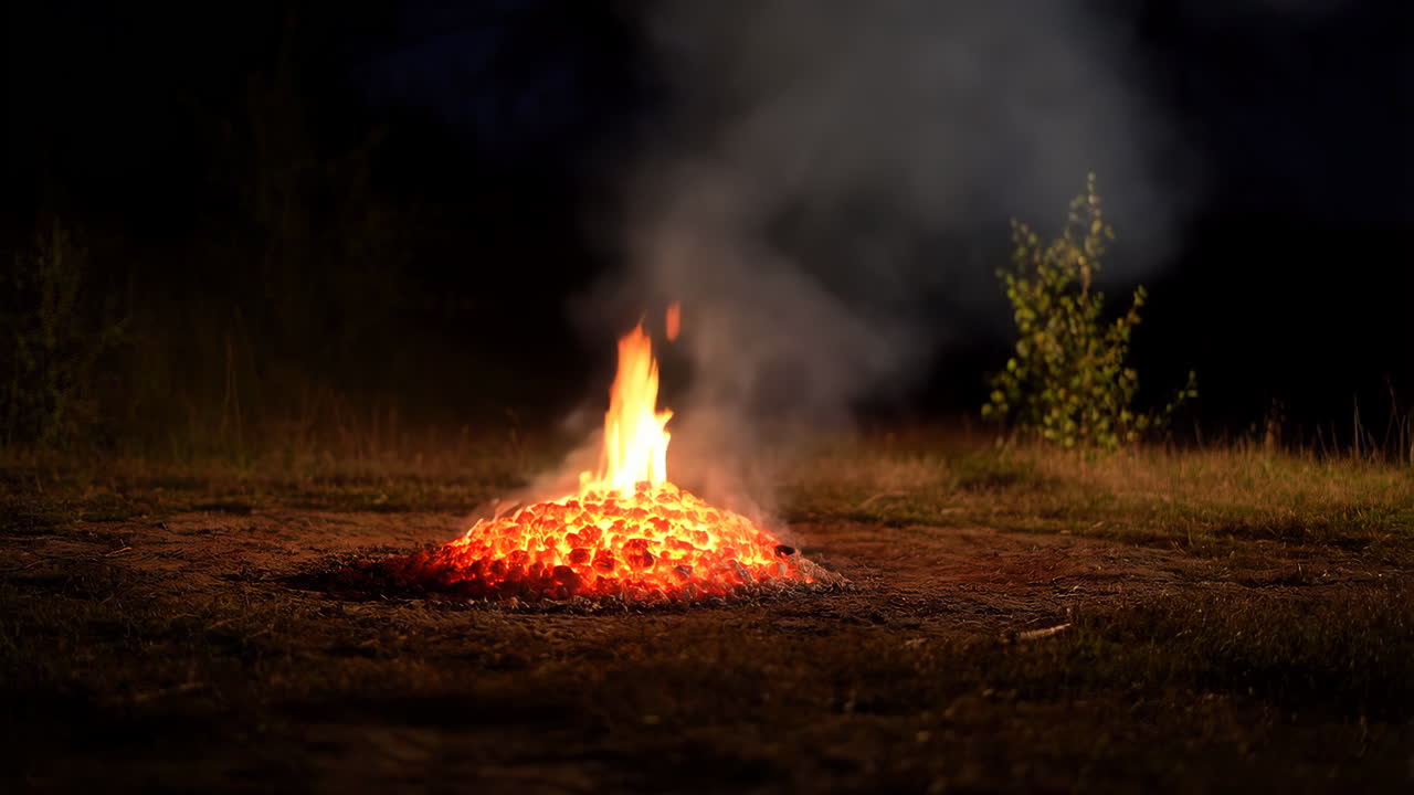 Glowing Embers and Fire at Night