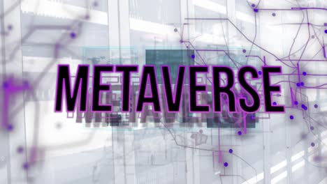 animación de banner de texto del metaverso y senderos de luz púrpura contra la sala del servidor de computadora