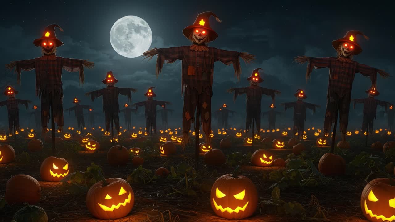 A Spooky Halloween Night Featuring Eerie Scarecrows and Glowing Jack-o'-Lanterns Under a Full Moon, Perfectly Capturing the Essence of Autumn Festivities