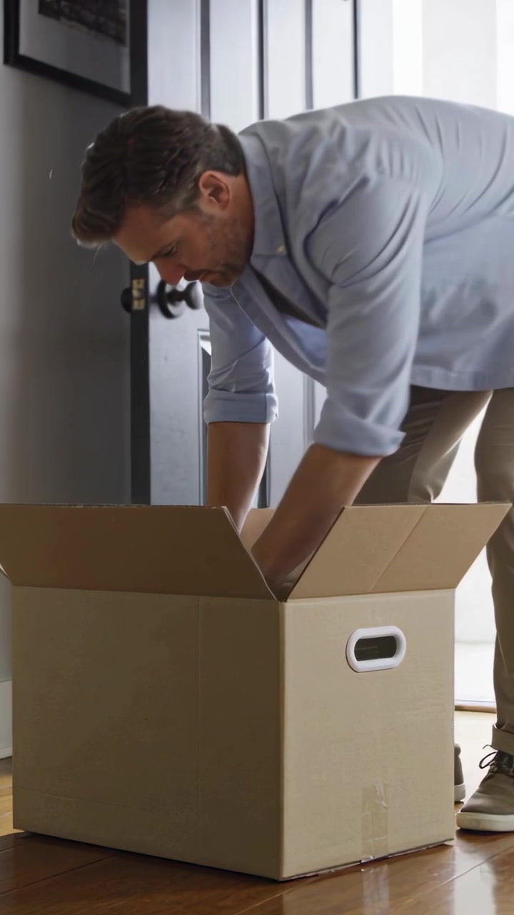 Vertical video: Placing cardboard box, man in blue shirt opening flaps at door, searching for items