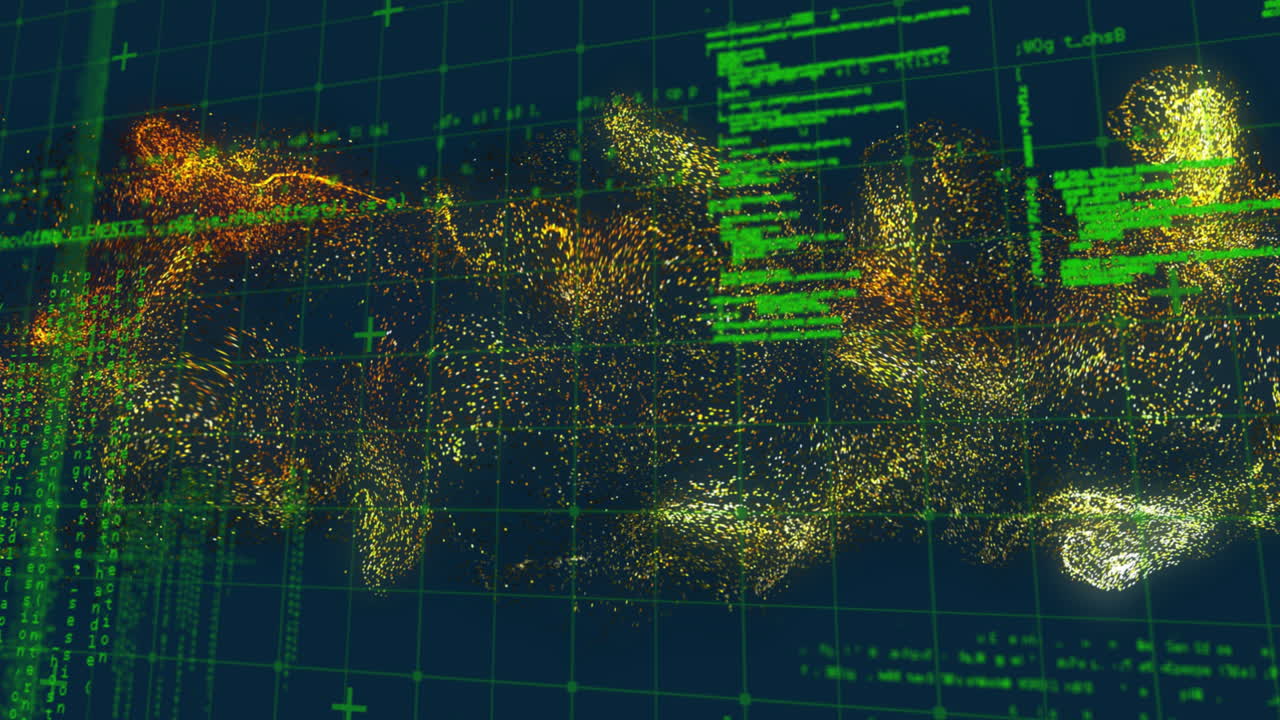 Animation of digital particles forming patterns on dark green background