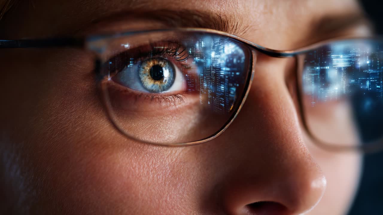 A close-up perspective of a person's eye wearing glasses, capturing intricate details and reflections of digital screens, showcasing the connection between human vision and technology in modern environments