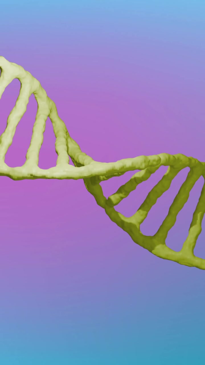 Animazione di un filamento di DNA che gira su sfondo sfumato dal blu al rosa