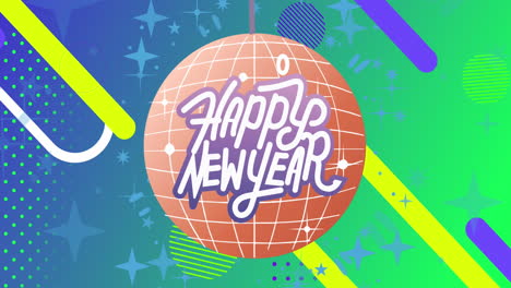 animación del texto de feliz año nuevo sobre la pelota de discoteca