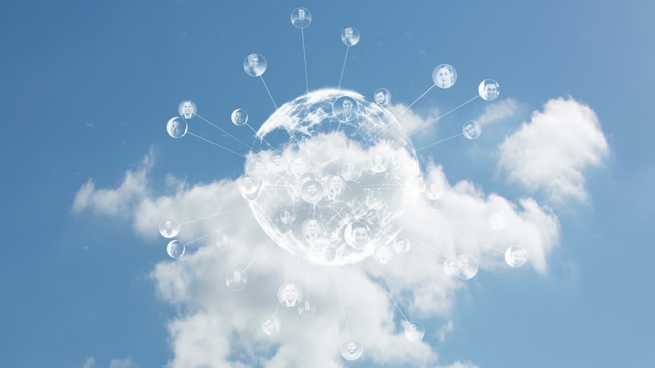 구름과 함께 파란 하늘 위에 글로벌 네트워크 연결을 애니메이션