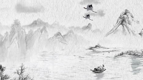 Mysterious-landscape-China's-traditional-Oriental-Digital-Art-animation,-Chinese-retro-painting-ink-misty-mountain-with-flowers,-tree,-birds,-river-in-fog-background