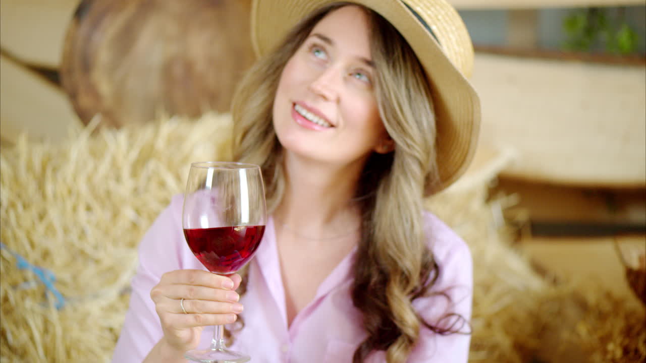 Donna si gusta un bicchiere di vino rosso nel fienile vicino a balle di fieno quadrate, alla luce del giorno