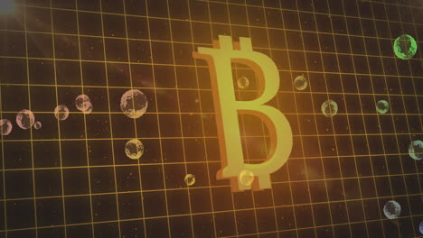 multiple bubbles floating over grid network against bitcoin symbol in space