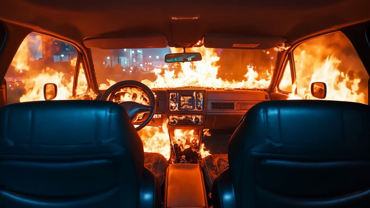 한 차가 밤중에 불꽃에 싸여 있습니다.