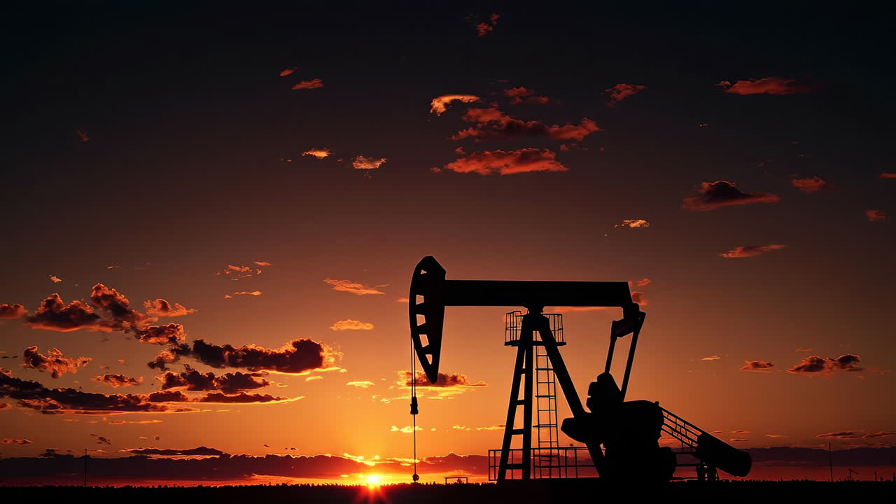 Sunset oil pump in fields. An oil pump silhouettes against a vibrant sunset, blending the beauty of industry and nature
