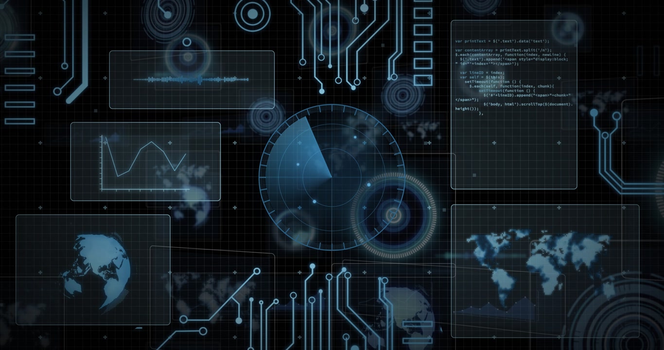 Futuristic digital interface with data processing and circuit board animation