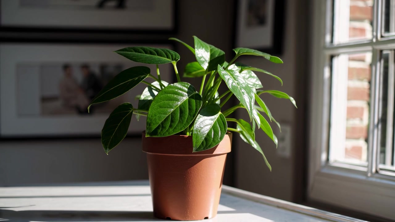 Potted Green Plant Sitting on a Sunny Windowsill