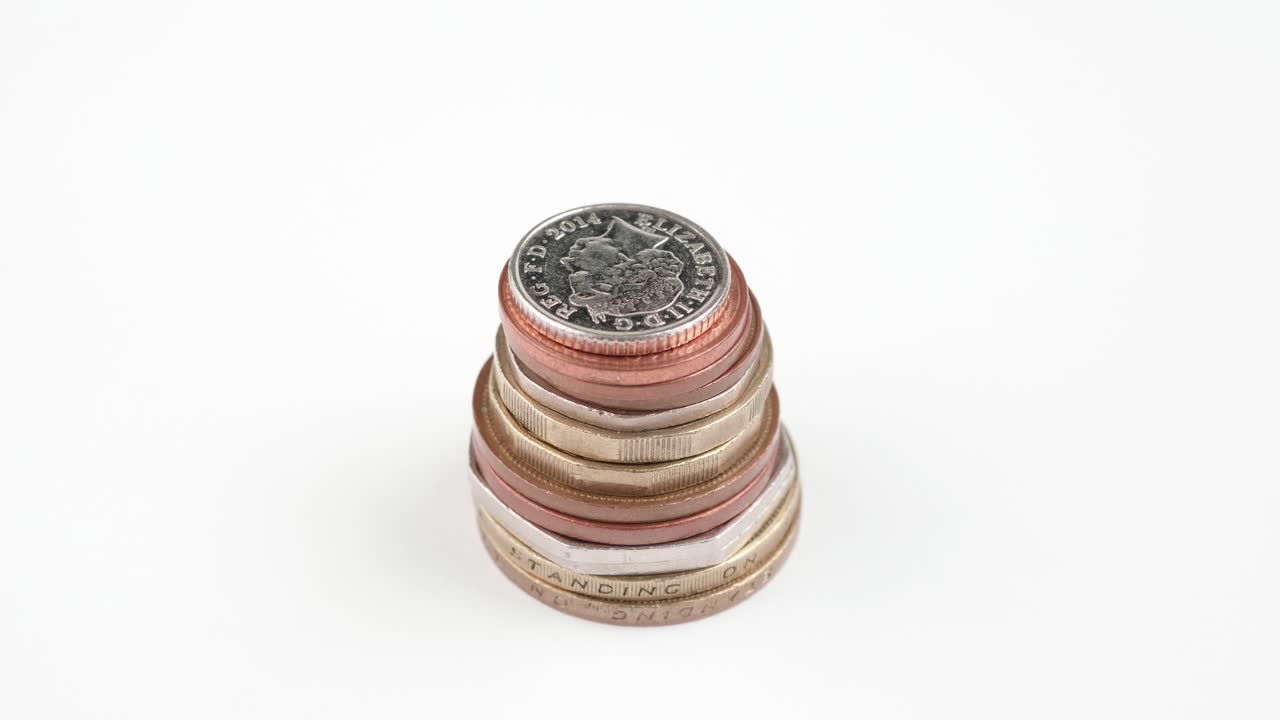 moneda del reino unido libras esterlinas monedas apiladas cerca rotando metraje contra el fondo blanco.
