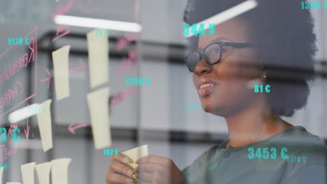 animation of data processing over biracial woman taking notes in office