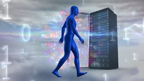 animación del procesamiento de datos y el ser humano caminando sobre el servidor