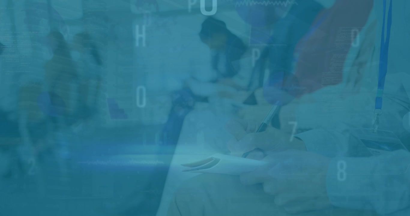 Animation of letters and numbers over diverse business people