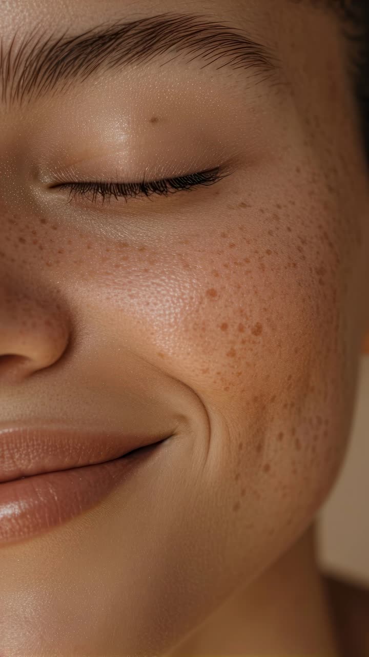 Close-up video angle of a smiling face with natural freckles and soft lighting, highlighting skin