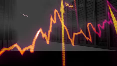 rising financial graph animation over server racks in data center