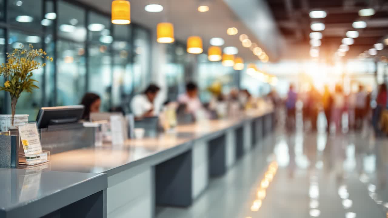 Contemporary Reception Area with Interactive Visitors Engaging at a Front Desk and Bright Lighting Creating a Welcoming Atmosphere