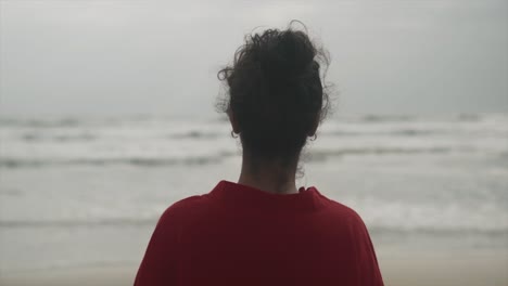 close up back view of a happy young indian brunette woman in a red dress looking at the water of beach of arabian sea in goa, india, on a cloudy day