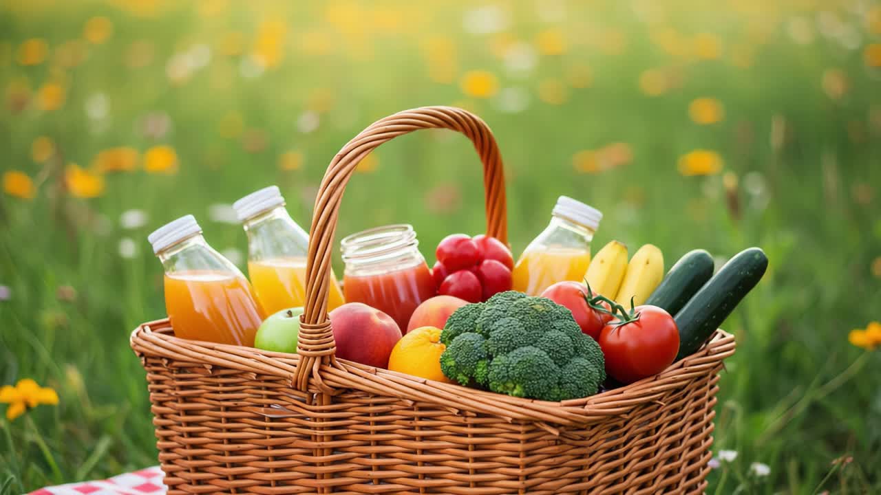 A Vibrant Picnic Basket Filled with Fresh Fruits and Vegetables Surrounded by a Beautiful Flower Field, Perfect for a Relaxing Outdoor Gathering