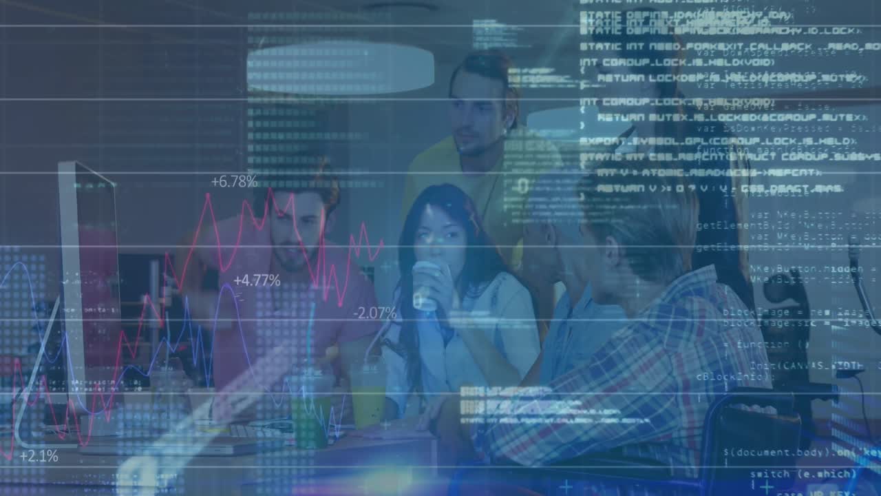 Animation of statistics and financial data processing over diverse business people