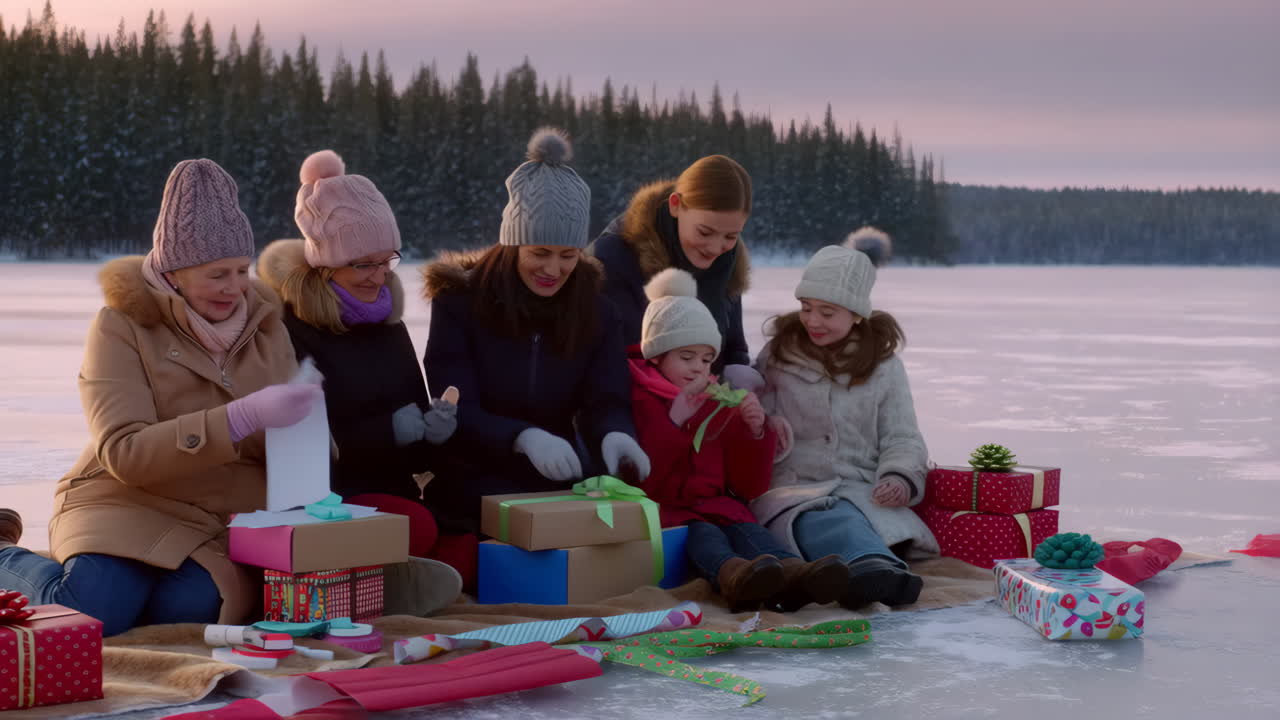 Family wrapping Christmas gifts by the lake in winter