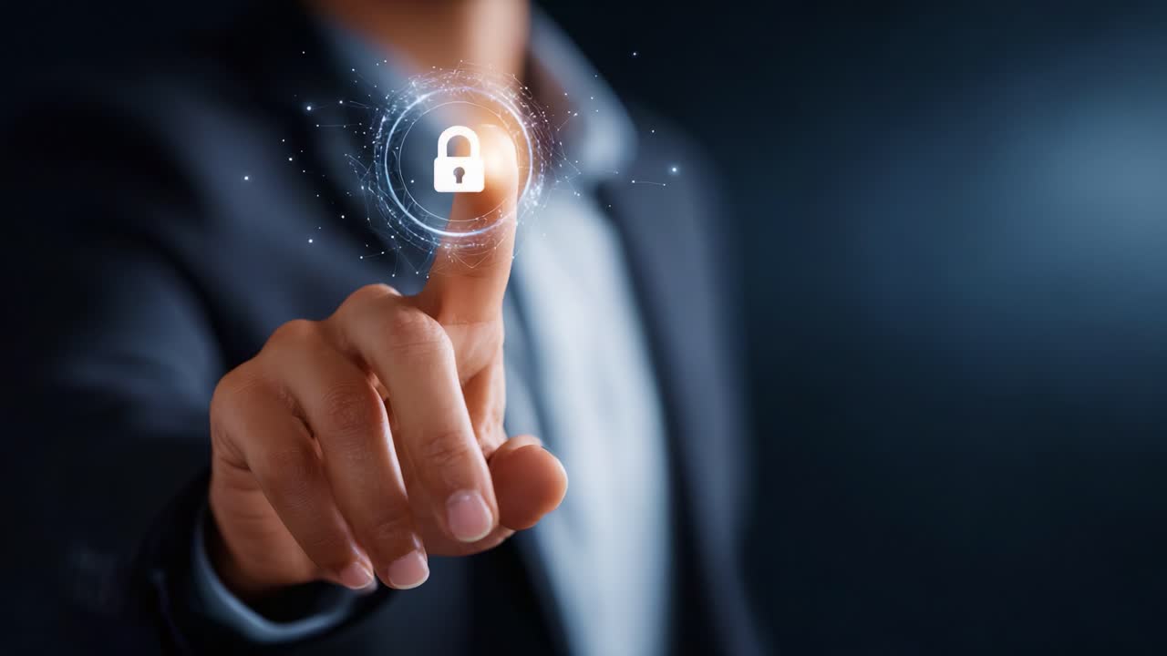 A Professional Hand Interacting with a Digital Lock Icon in a High-Tech Environment, Representing Cybersecurity and Data Protection Concepts