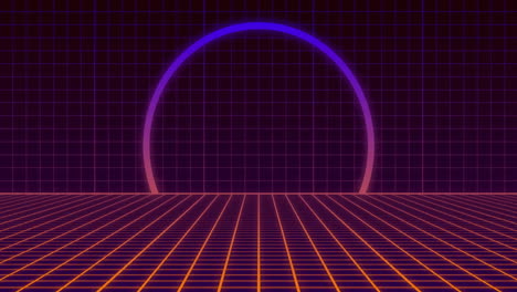 retro grid floor and glowing arch animation over dark grid background