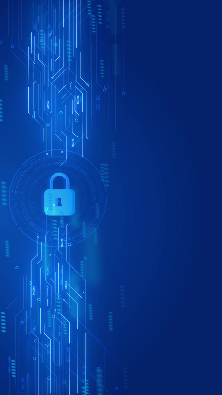 Blue lock circuit security background with glowing padlock icon on left side clean copy space and