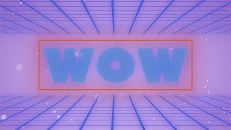 Animation-Von-Blauem-Text-„Wow“,-Mit-Beweglichen-Weißen-Lichtpunkten,-über-Blauem-Gitter-Auf-Fliederfarbenem-Hintergrund