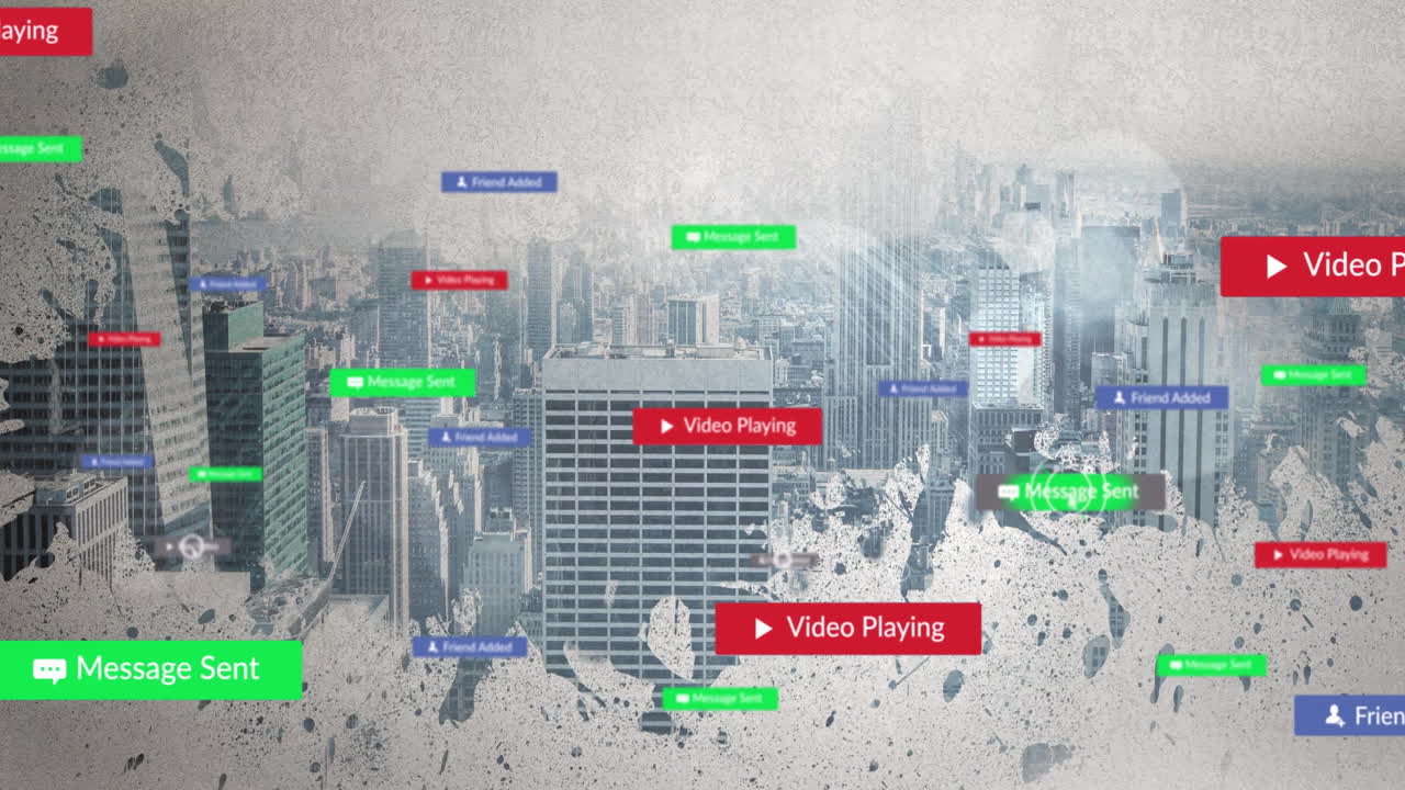 도시 풍경 위의 디지털 데이터 처리 및 아이콘의 애니메이션