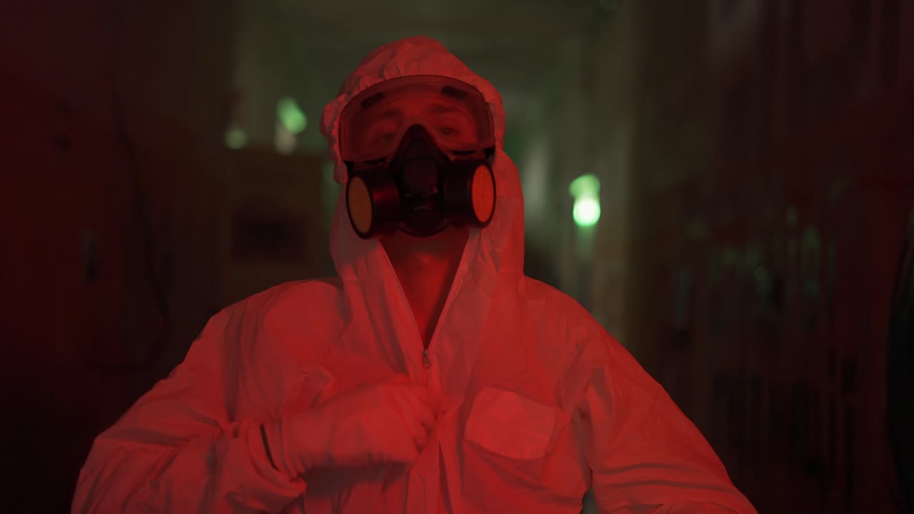 Red smoke shot worker put respirator and protection hood on his face