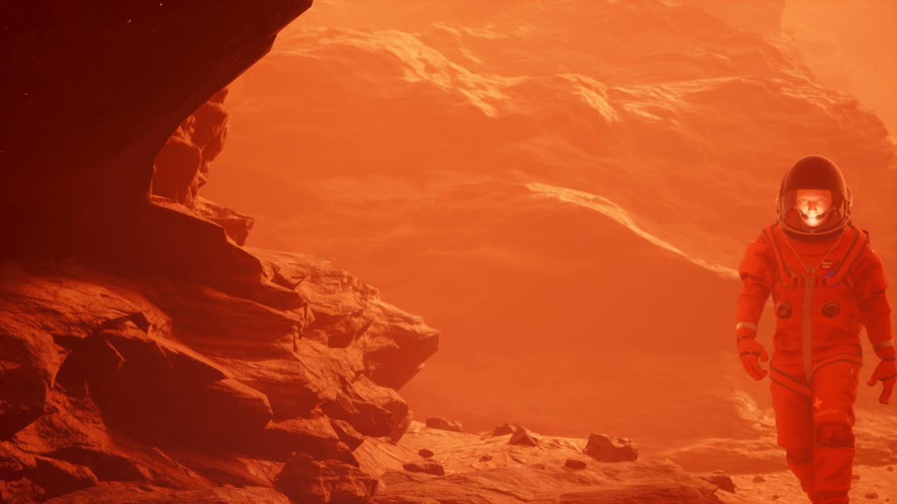 A scientist astronaut walks across the dusty planet Mars during a sandstorm. The man was created using 3D computer graphics. Looping animation is designed for futuristic or space travel. 3D rendering
